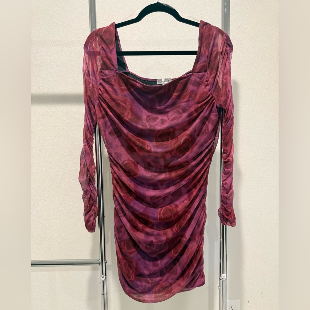 Justify Ruched Long Sleeve Dress in Burgundy and Pink